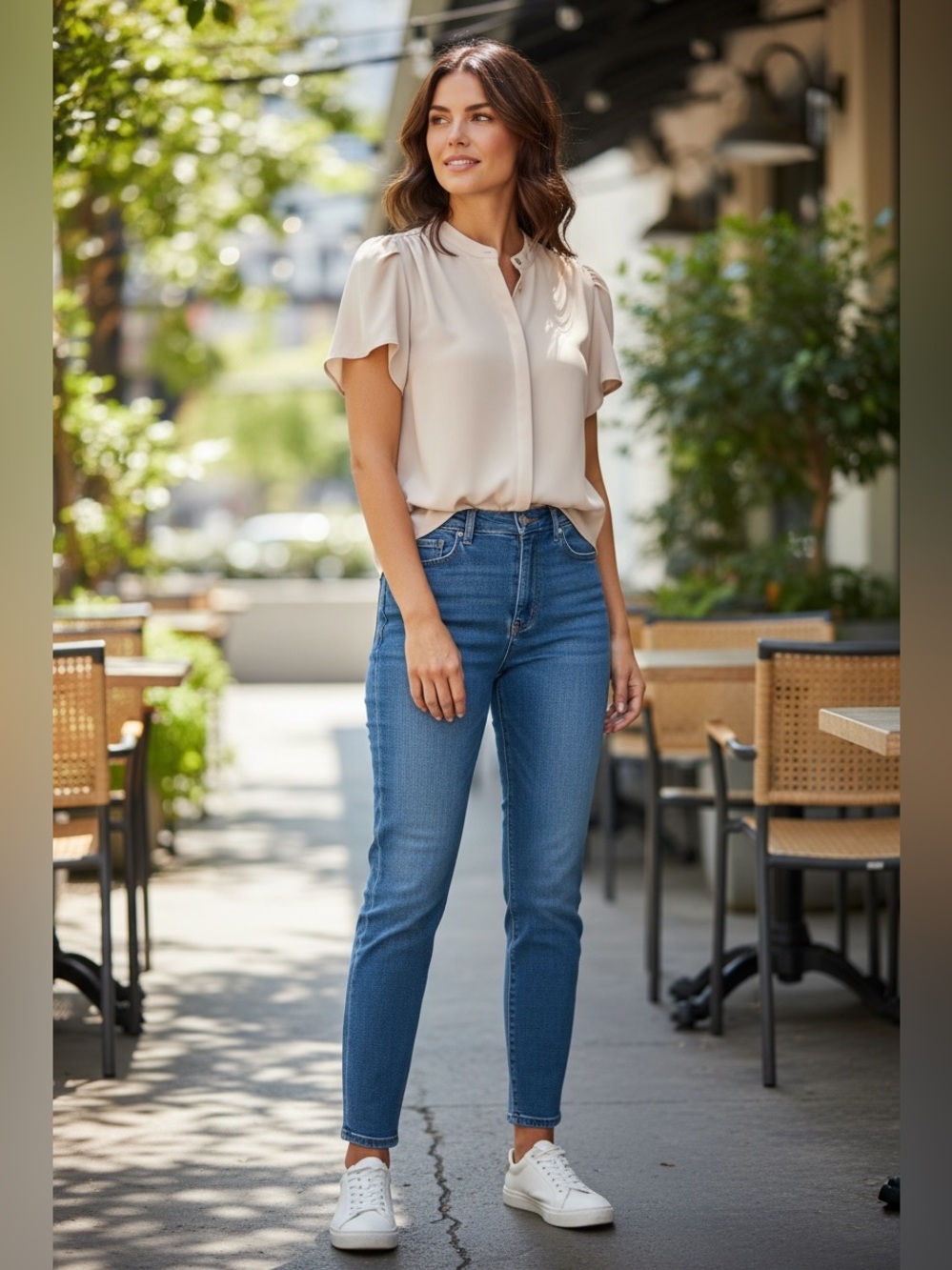 Alex Marie Cream Band-Collar Short-Sleeve Blouse